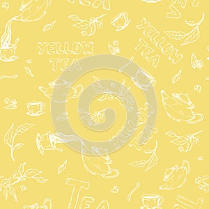 Vector seamless pattern sketch of items bun-fight and lettering on soft yellow background. Tea from the kettle poured