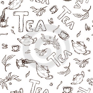 Vector seamless pattern sketch of items bun-fight and lettering. Tea from the kettle poured into cups