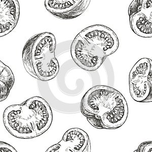 Vector seamless pattern with sketch tomato halves isolated on white background. intage hand drawn illustration of fresh vegetable
