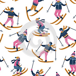 Vector seamless pattern of skiers. Sports children in the ski resort. Trendy scandinavian design.