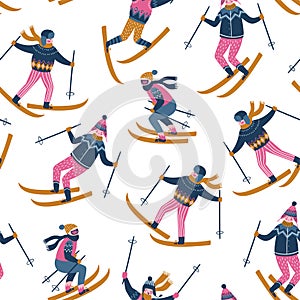 Vector seamless pattern of skiers. Sports children in the ski resort. Trendy scandinavian design. photo