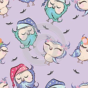 Vector seamless pattern with sleeping owls and eyelashes. Designer textiles, wallpapers, websites, pencil cases, pencil cases