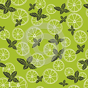 Vector seamless pattern with slices of lemon and mint. Mojito drink. Fabric texture