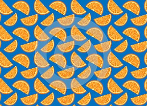 Vector seamless pattern with small orange slices on blue background. Texture with cartoon juicy fruit. Summer background