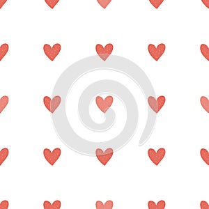 Vector seamless pattern with small red hearts on white backdrop. Valentines day background. Abstract geometric texture