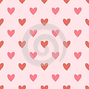 Vector seamless pattern with small red hearts on white backdrop. Valentines day background. Abstract geometric texture