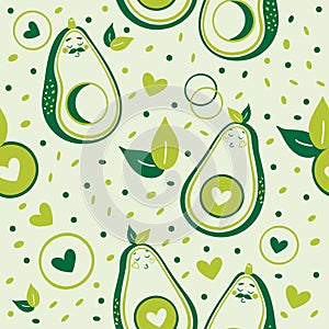 Vector seamless pattern of smiling avocado halves. He and she, a couple in love.