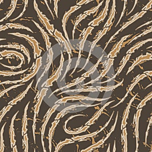 Vector seamless pattern of smooth brush strokes with torn edges of beige color on a brown background.Wave or flow texture. Print