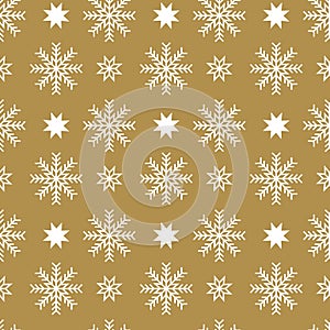 Vector seamless pattern with snowflakes and stars on a silver background. Winter holidays texture. Repeat design for decor,