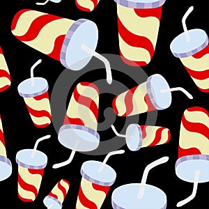 Vector seamless pattern with soft drink in cup with straw.