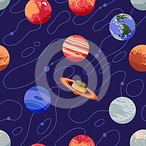 Vector seamless pattern with solar system planets and stars