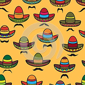 Vector seamless pattern. Sombrero and moustache on yellow.