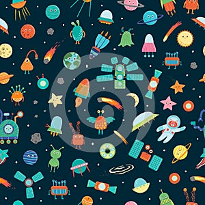 Vector seamless pattern of space objects