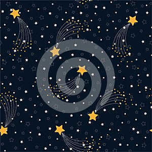 Vector seamless pattern of space with stars on starry night sky. Modern background Decorative big yellow falling star on dark blue