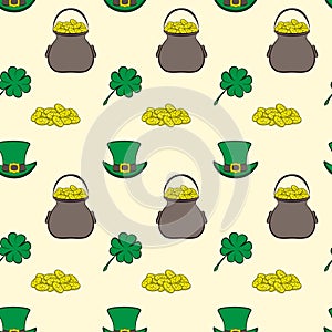 Vector seamless pattern St. Patrick s Day. Quatrefoil clover, leprechaun hat, pot of gold and a handful of coins