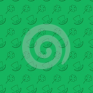 Vector seamless pattern St. Patrick s Day. Quatrefoil clover and leprechaun hat on a traditional green background