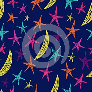 Vector seamless pattern with stars and moons. Endless blue background.