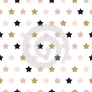 Vector seamless pattern with stars of rose, gold, and black. Shiny sparkling background with glitter on white.