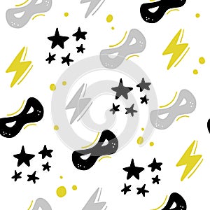 Vector seamless pattern with stars, super hero mask, lightning in hand drawn comic style.