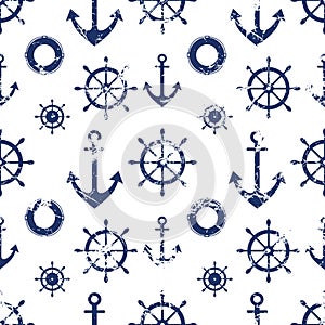 Vector seamless pattern. Steering wheel, life preserver, anchor. Creative geometric grunge background, nautical theme.