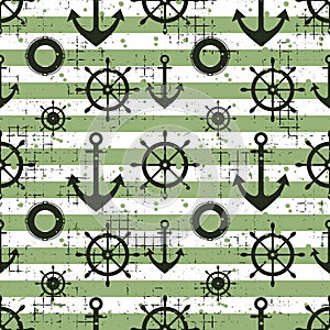 Vector seamless pattern Steering wheel, life preserver, anchor, horizontal lines Creative geometric vintage backgrounds, nautical