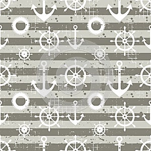Vector seamless pattern Steering wheel, life preserver, anchor, horizontal lines Creative geometric vintage backgrounds, nautical