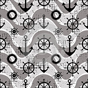 Vector seamless pattern Steering wheel, life preserver, anchor, waves Creative geometric vintage backgrounds, nautical theme Graph
