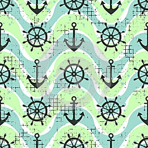 Vector seamless pattern Steering wheel, life preserver, anchor, waves Creative geometric vintage backgrounds, nautical theme Graph