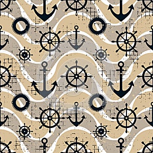 Vector seamless pattern Steering wheel, life preserver, anchor, waves Creative geometric vintage backgrounds, nautical theme Graph