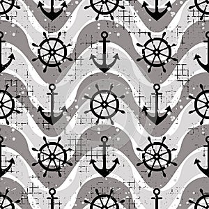 Vector seamless pattern Steering wheel, life preserver, anchor, waves Creative geometric vintage backgrounds, nautical theme Graph