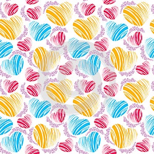 Vector seamless pattern with striped heart and curly lines on the white background. Design elements and holiday symbols.