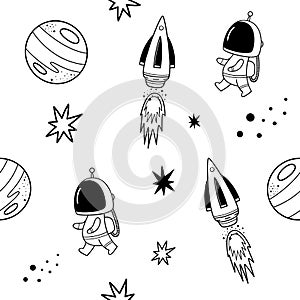 Vector seamless pattern in the style of the space. Doodle. Space elements, monochrome