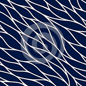 Vector seamless pattern. Stylish wavy line. Stripes twist on blue background. Repeating abstract waves curl. Curved swirl