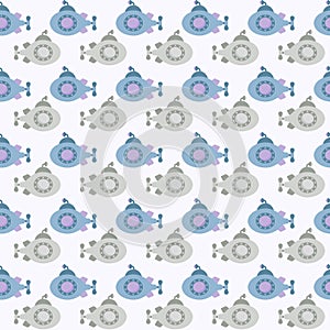 Vector seamless pattern with submarine.Underwater cartoon creatures.Marine background.Cute ocean pattern for fabric