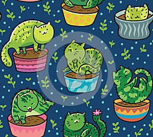 Vector seamless pattern with succulents and cactuses in the form of cats in pots. Vector illustration