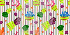 Vector seamless ornament in color, exotic cactus isolated on a striped background with circles