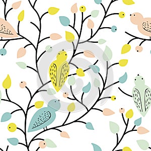 Vector seamless pattern. Summer mood. Plants and Birds.