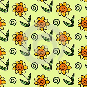 Vector seamless pattern with sunflower flower and spiral snail hand drawn doodle in simple childish cartoon style. Positive cute