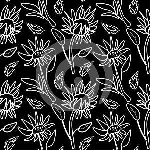 Vector seamless pattern with sunflowers on black isolated hand drawn background