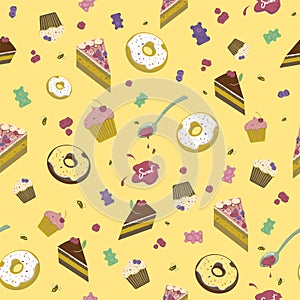 Vector seamless pattern of sweets, donuts, cakes and marmalade on a background