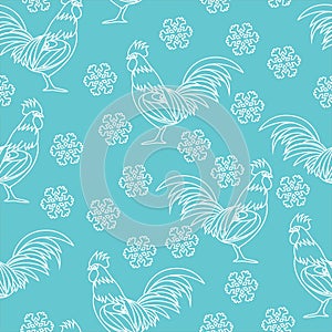Vector seamless pattern of symbol rooster the Chinese New Year 2017 with snowflakes