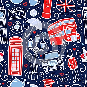 Vector seamless pattern with symbols of London, Great Britain.