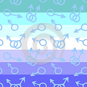 Vector seamless pattern of symbols of mars, male gender icons on Homosexual Pride Flag background