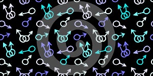 Vector seamless pattern of symbols of mars, male gender icons. Man love combinations. Theme of LGBTQ, gay love