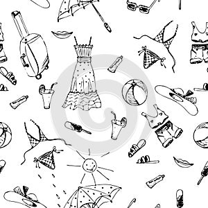 Vector seamless pattern with symbols of summer, doodle style, hand-drawn things. Umbrella, sundress, sunblock, sunglasses, hat, T-