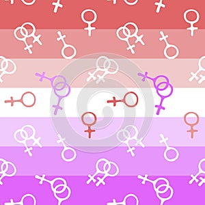 Vector seamless pattern of symbols of venus, female gender icons on Lesbian Pride Flag background