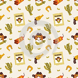 Vector seamless pattern with symbols of the Wild West: cute sheriff, cowboy, bandit, cat. Children's repetition with