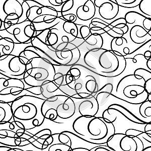 Vector seamless pattern template, black and white background, graphic backdrop, swirls, curls, filigree lines, vintage style.