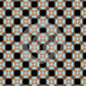 Vector seamless pattern texture background with geometric shapes, colored in black, orange, white, blue, brown colors