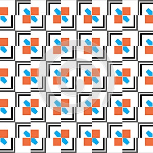 Vector seamless pattern texture background with geometric shapes, colored in blue, orange, black, grey, white colors